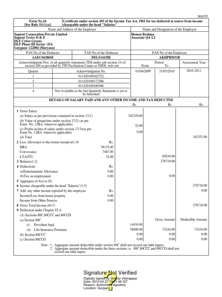 20092010form16 004355 | PDF | Employee Benefits | Employment