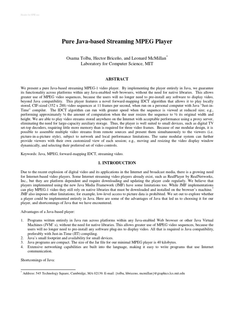 Java-Based Streaming MPEG Video Player | PDF | Computers