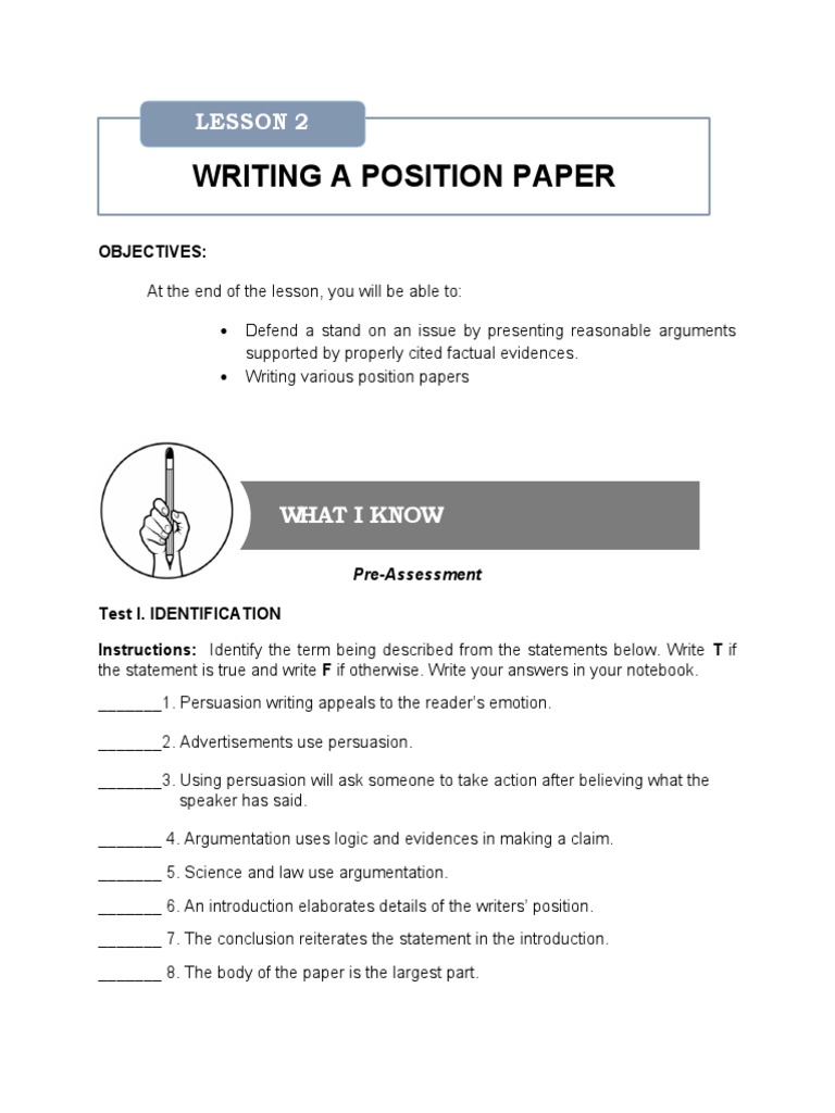 Writing A Position Paper Lesson 2 Pdf Drug Test Persuasion