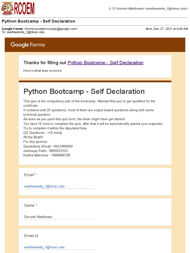 Python Bootcamp Quiz Self Declaration | PDF | Array Data Structure ...