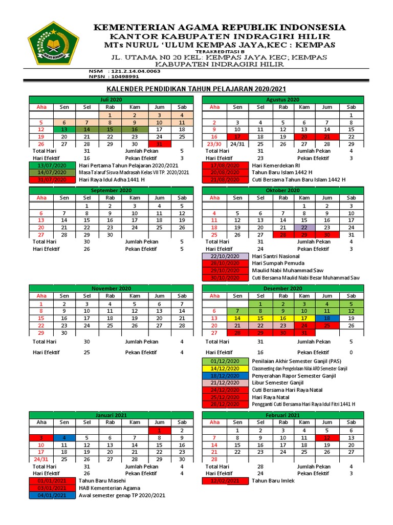 01 Kalender Pendidikan Akidah Akhlak Kelas 8 Semester 1 Dan 2 TP 2020