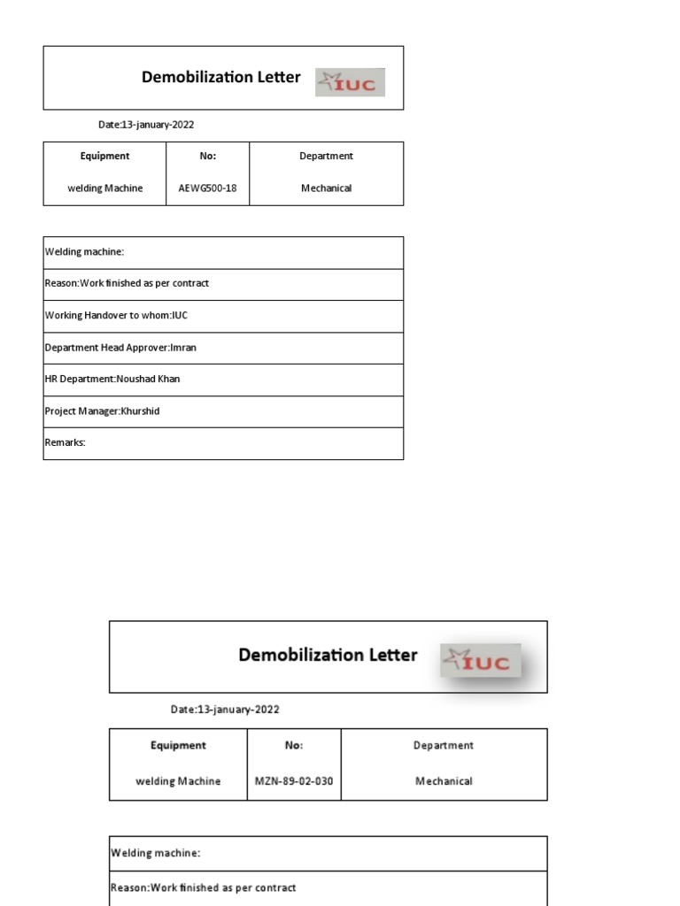 Demobilization Letter for Welding Equipment | PDF | Computers | Business