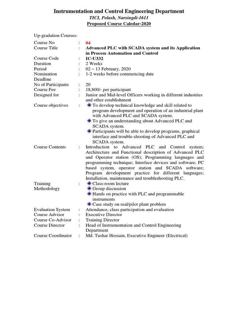 Instrumentation and Control Engineering Department: Proposed Course ...