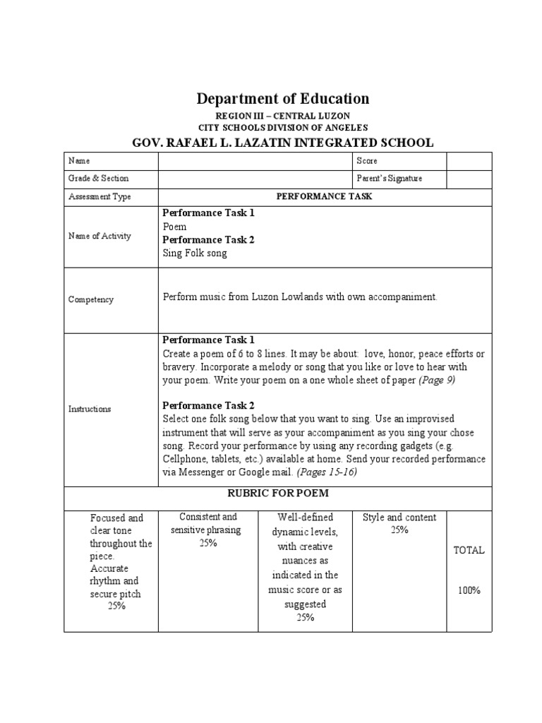 Grade 1 Music Performance Tasks | PDF | Songs | Performing Arts