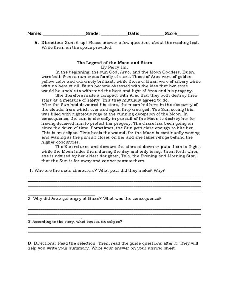 Name Grade Date Score A. Direction Sum It Up! Please Answer