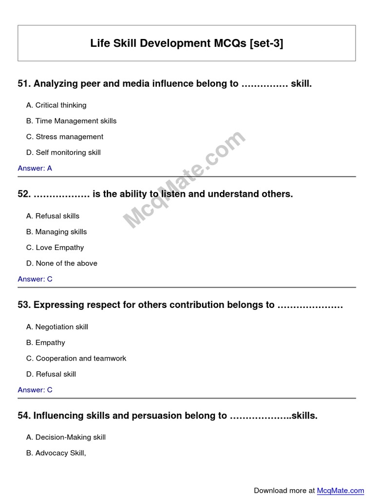 Life Skills Development MCQs Set 3 | PDF | Communication ...