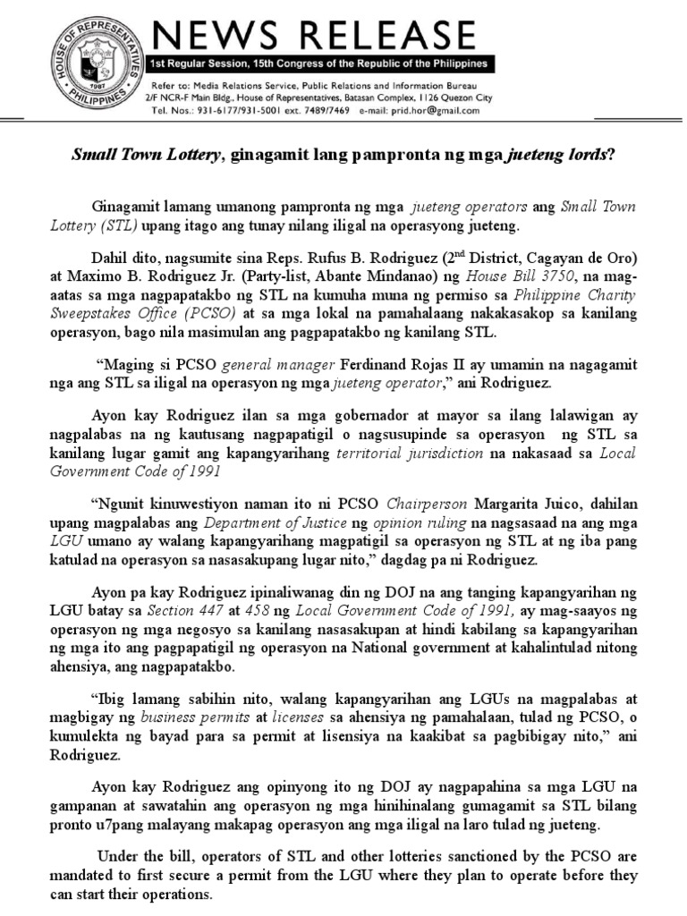 Small Town Lottery, Ginagamit Lang Pampronta NG Mga Jueteng Lords ? PDF