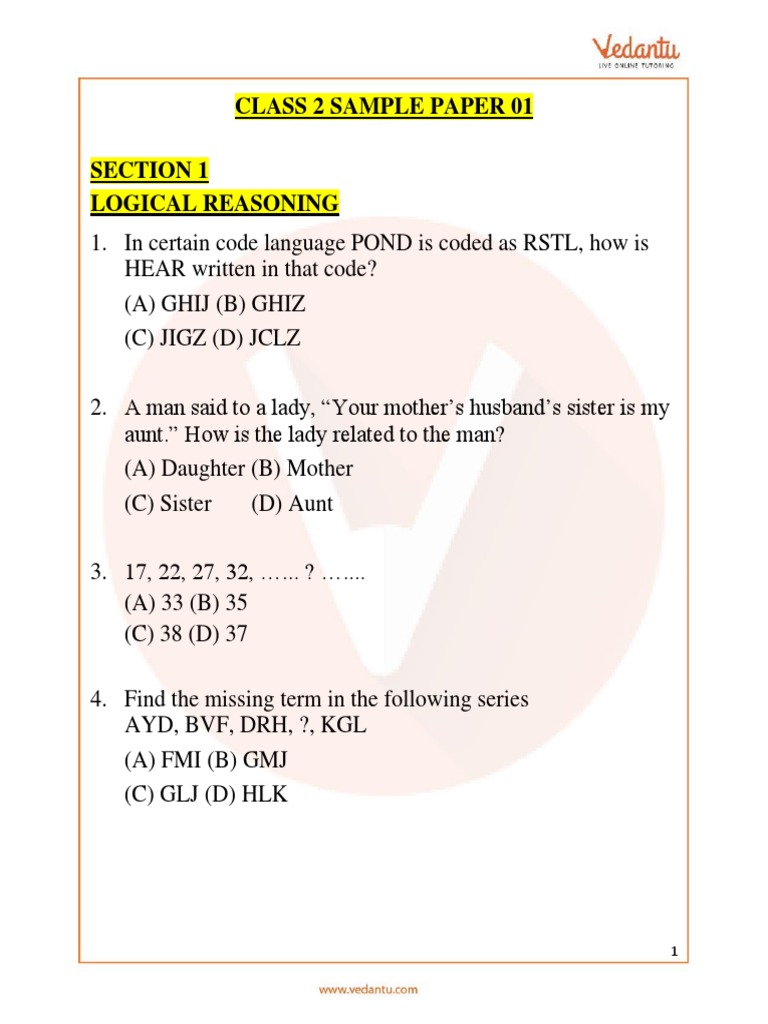 Imo Maths Olympiad Sample Question Paper 1 Class 2 Pdf Mathematics