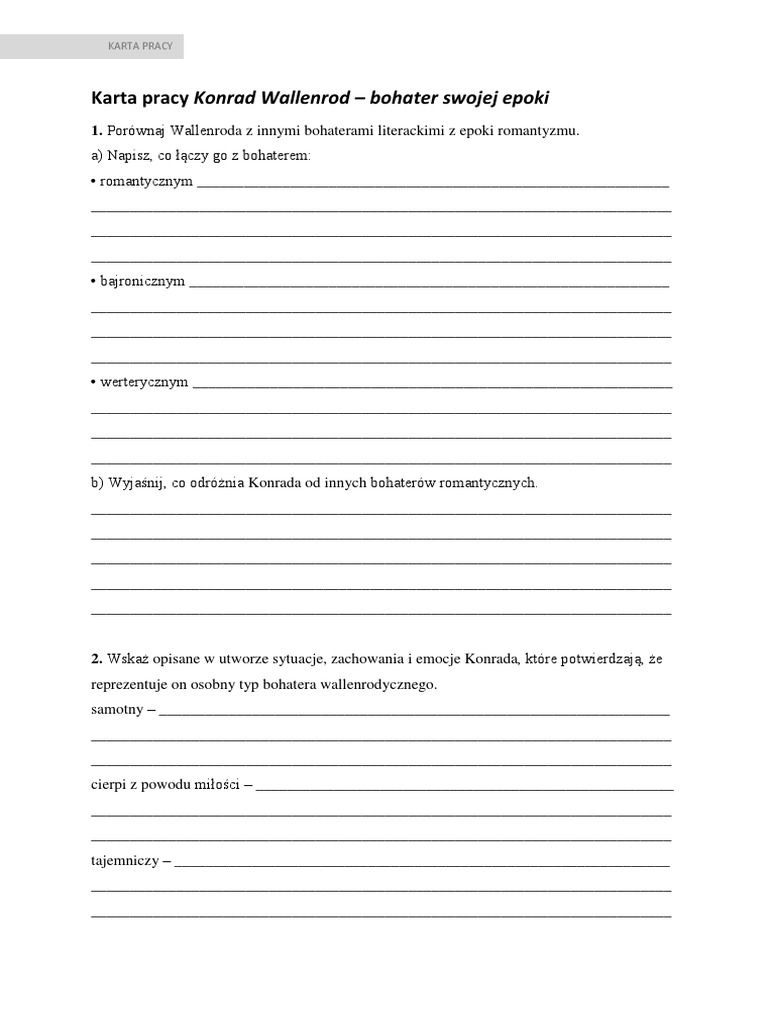 Konrad Wallenrod Test Z Odpowiedziami Bohater Romantyczny Konrad Wallenrod | PDF