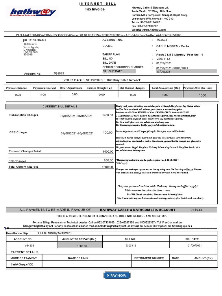 Your Cable Network Tax Invoice PDF Payments Economies