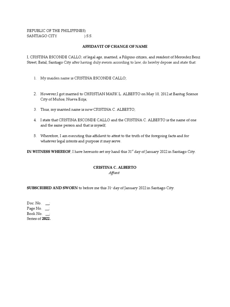 Affidavit of Change of Name: After Having Duly Sworn According To Law ...