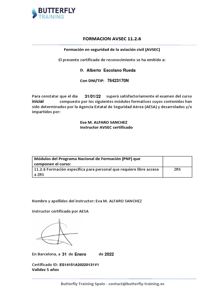 Certificado Curso AVSEC 11.2.6 | PDF | Negocios | Informática