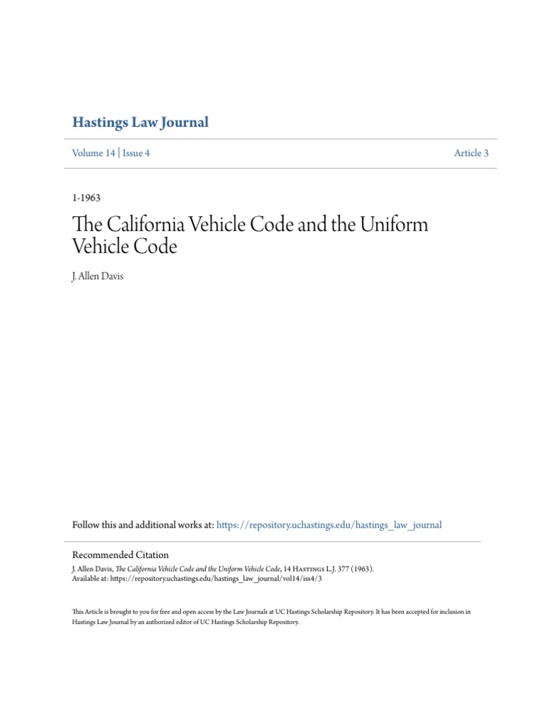 The California Vehicle Code and The Uniform Vehicle Code PDF Traffic Justice