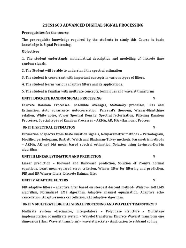Advanced Digital Signal Processing Syllabus | PDF | Spectral Density ...