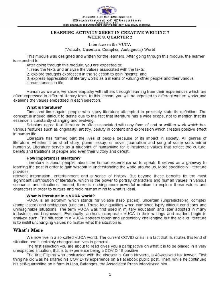 Creative Writing7 Q2WK8 | PDF | Learning | Quarantine