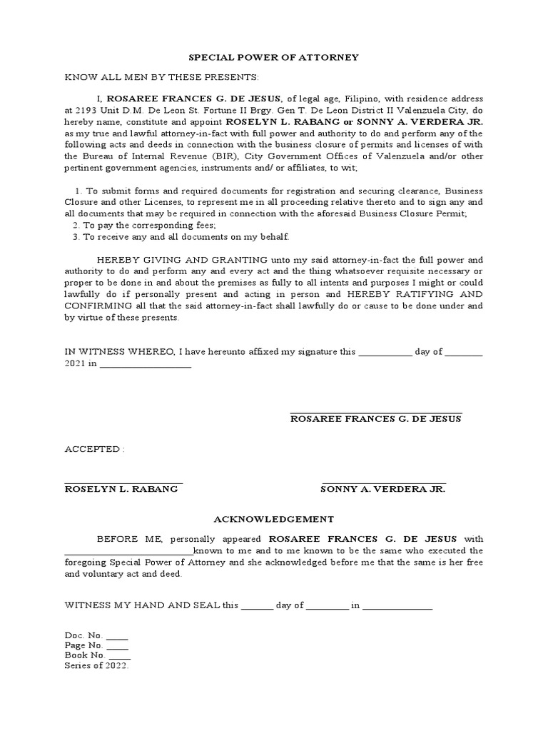 Special Power of Attorney Document | PDF | Social Science