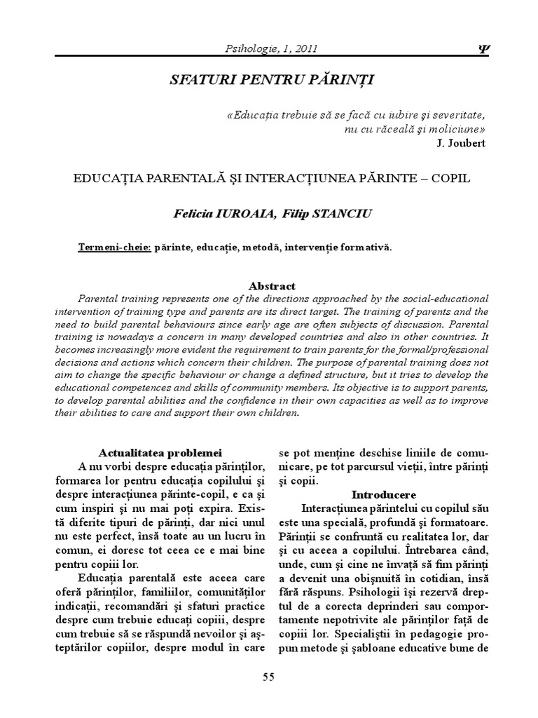 Educatia Parentala Si Interactiunea Parinte - Copil | PDF