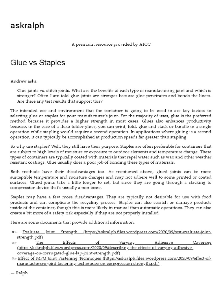 Glue Vs Staples Askralph PDF Adhesive Secondary Sector Of The