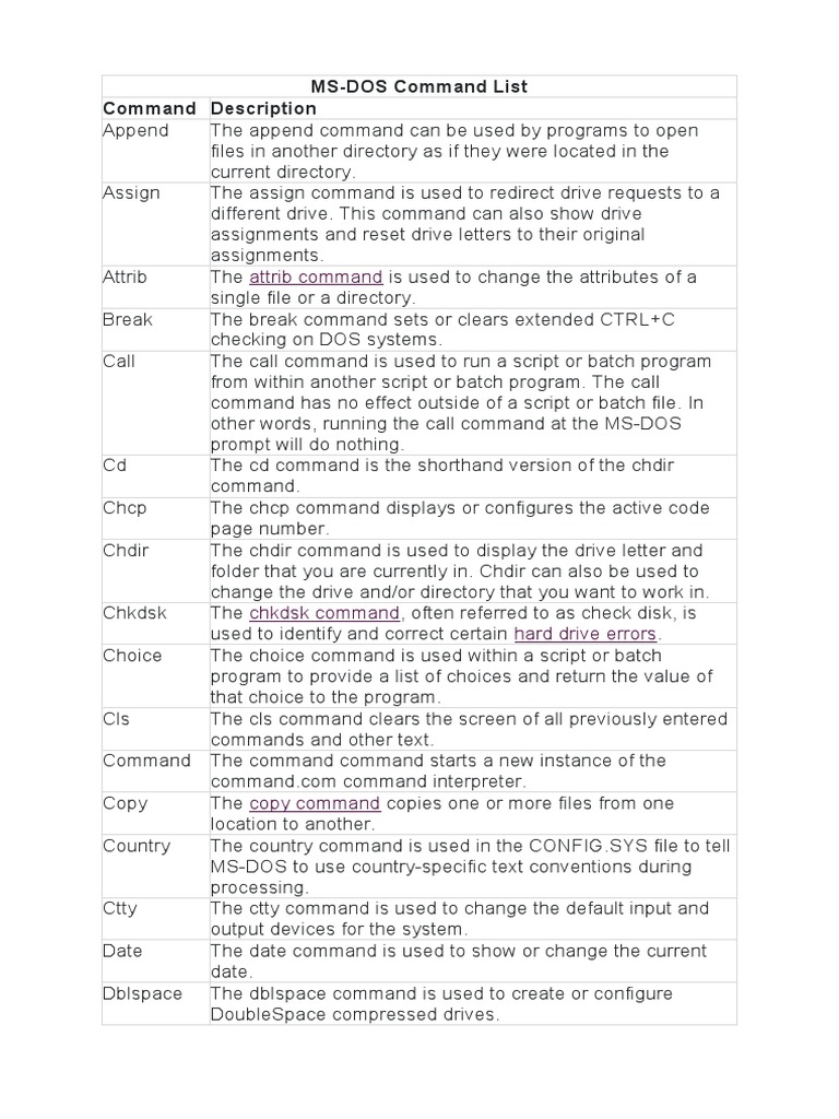 MS DOS Command List PDF Computer File Computing