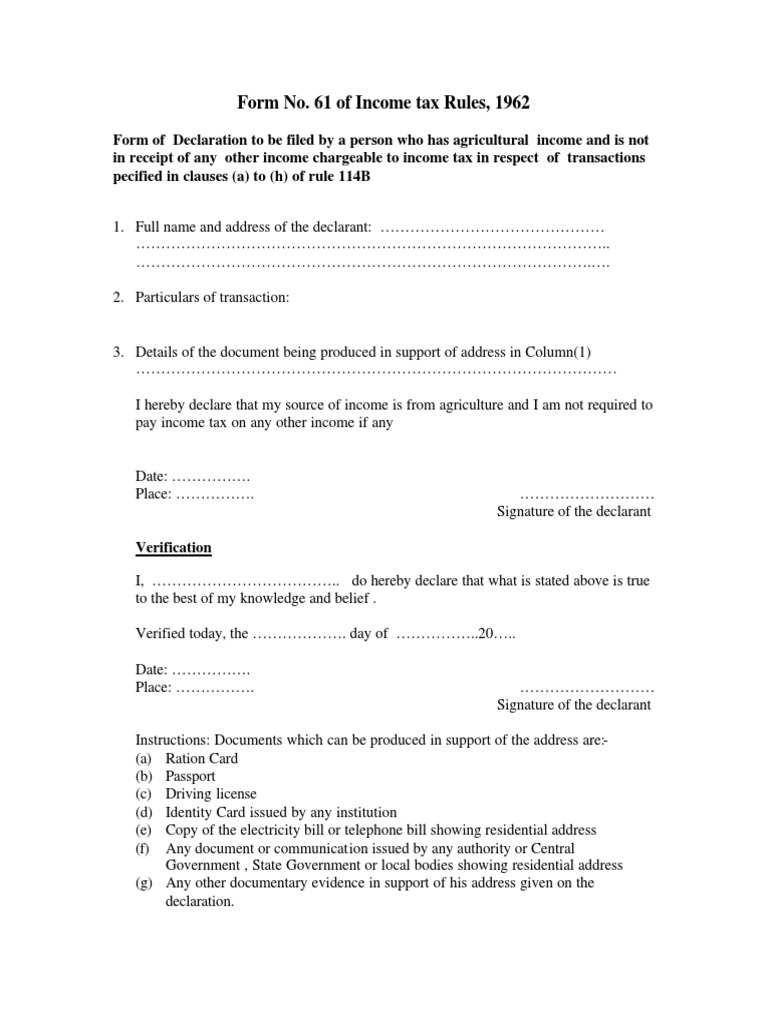 Form No. 61: Agricultural Income Declaration | PDF | Law