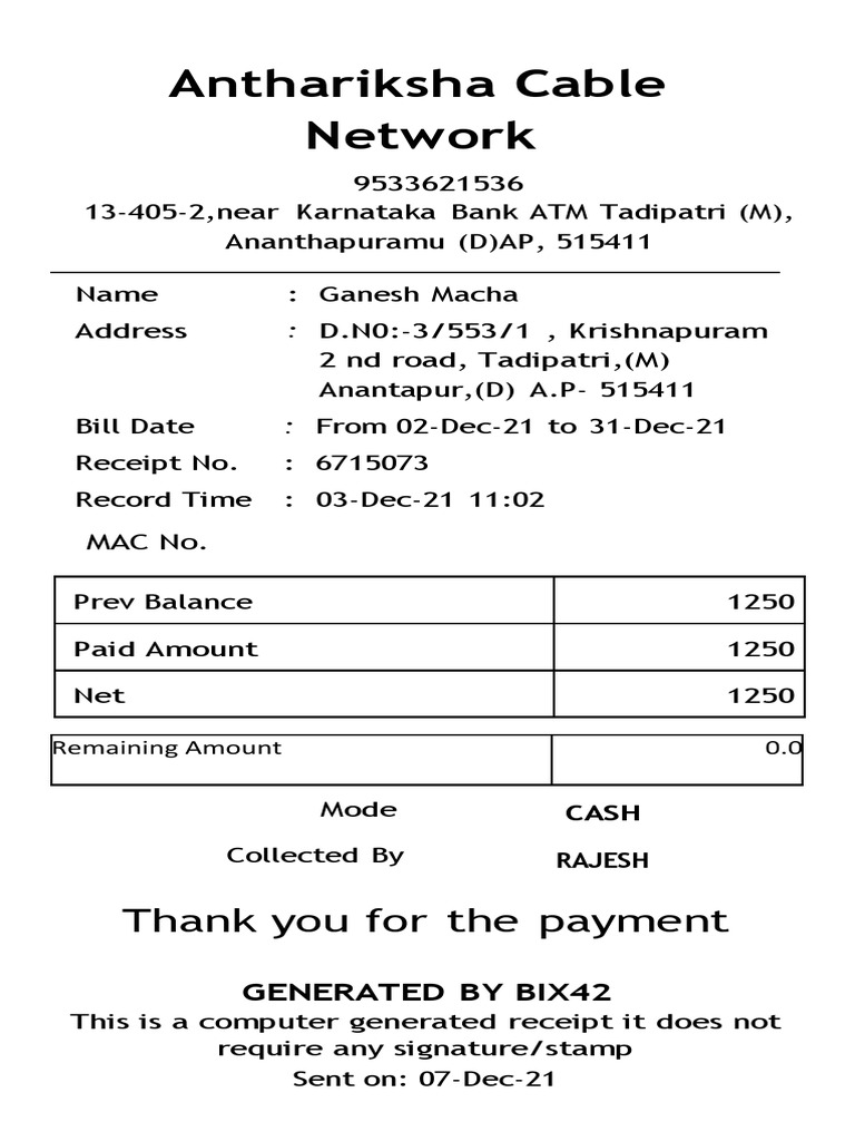 Ganesh Cable Network Payment Receipt | PDF
