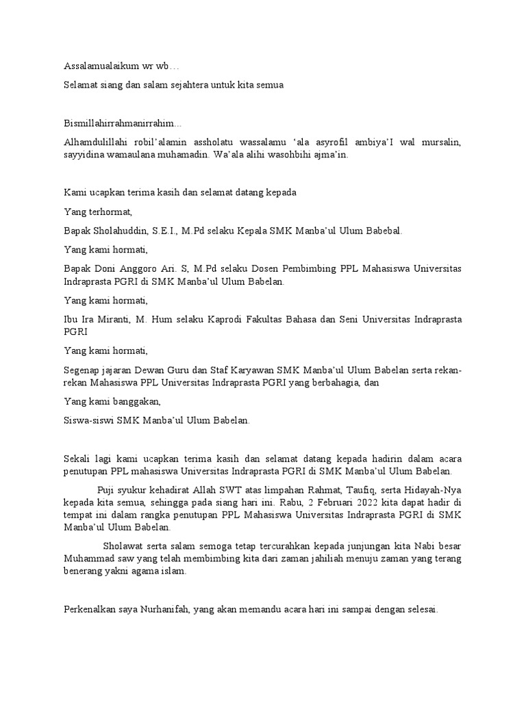 Teks MC Penutupan PPL | PDF