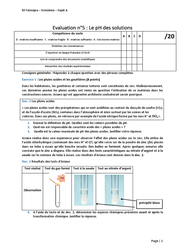 Évaluation sur le pH des solutions | PDF | Acide | Ph