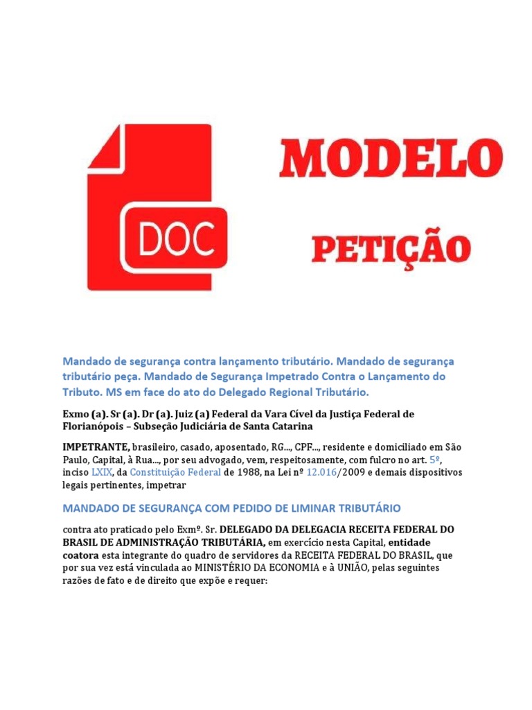 Mandado de Segurança Contra Lançamento Tributário | PDF | Mandamus ...
