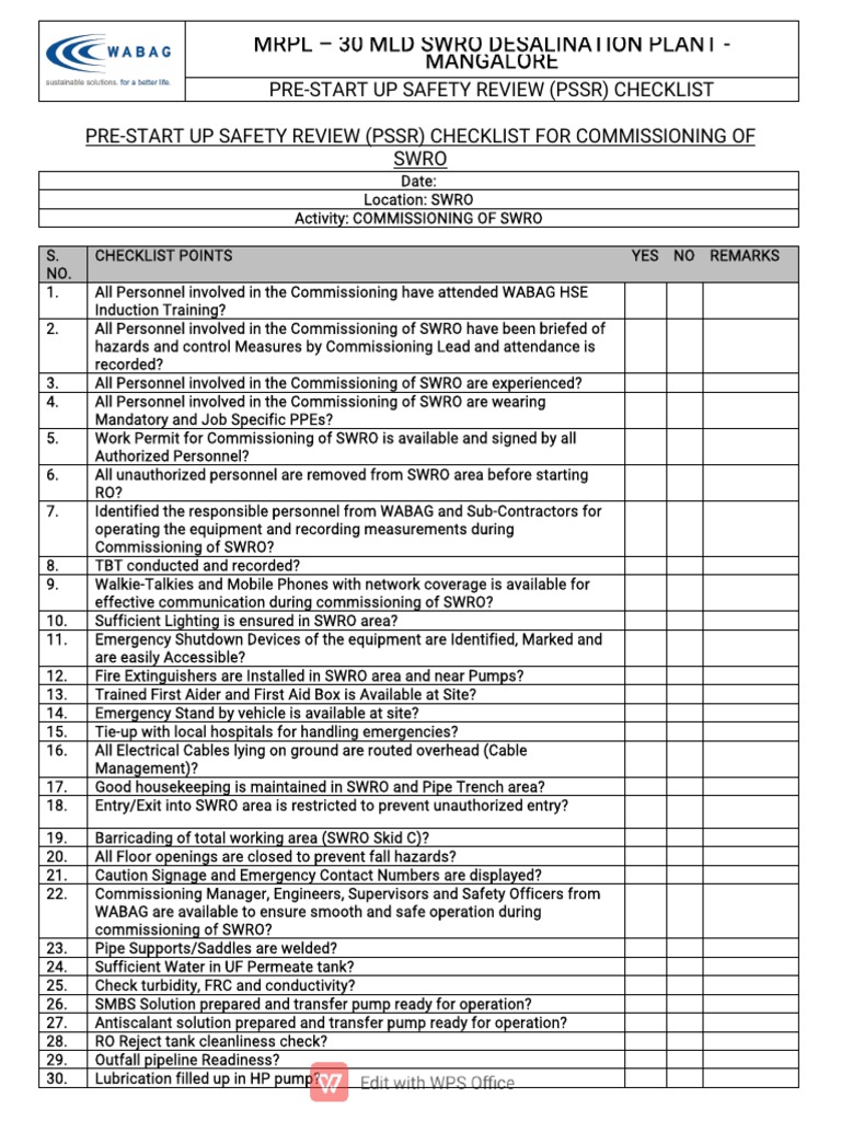 PSSR Checklist For Commissioning of SWRO | PDF