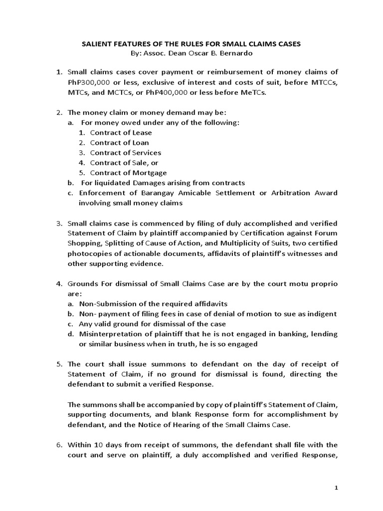 Salient Features of The Rules For Small Claims Cases PDF Lawsuit