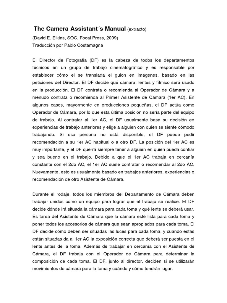 Roles The Camera Assistants Manual PDF Cámara Imagen