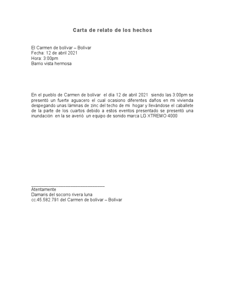 Carta de Relato de Los Hechos | PDF