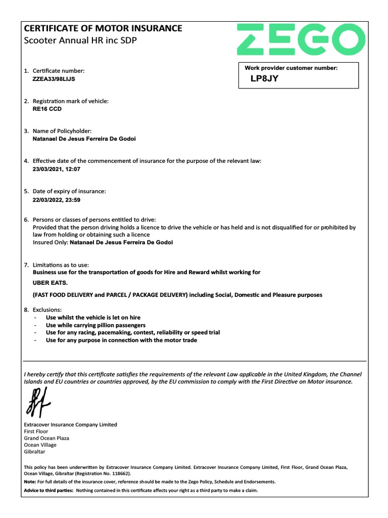 Zego Food Delivery Insurance Certificate | PDF | Vehicle Insurance ...