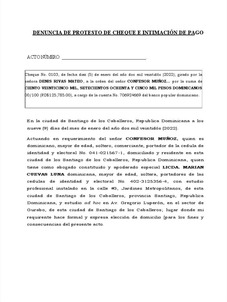 Denuncia de Protesto de Cheque RD$125,785 | PDF