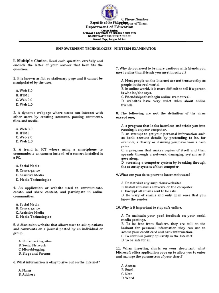 Empowerment Technologies Exam Questions | PDF | Internet & Web | World ...