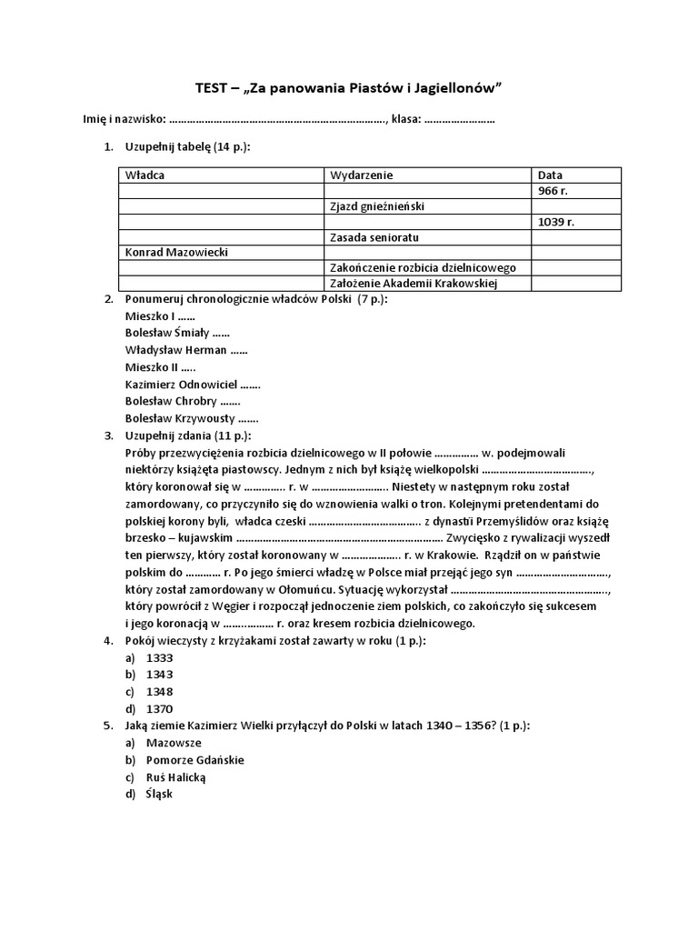 Sprawdzian Historia Klasa 4 Od Piastów Do Jagiellonów TEST - Za Panowania Piastów i Jagiellonów | PDF