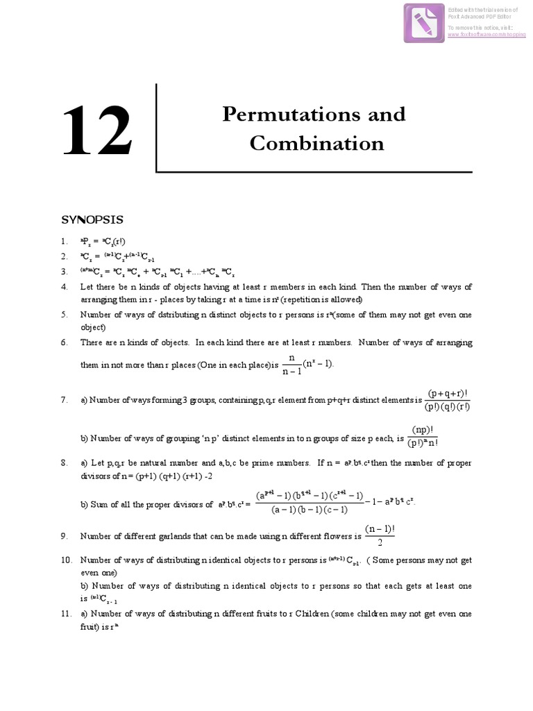 Permutations and Combination Synopsis PDF Abstract Algebra