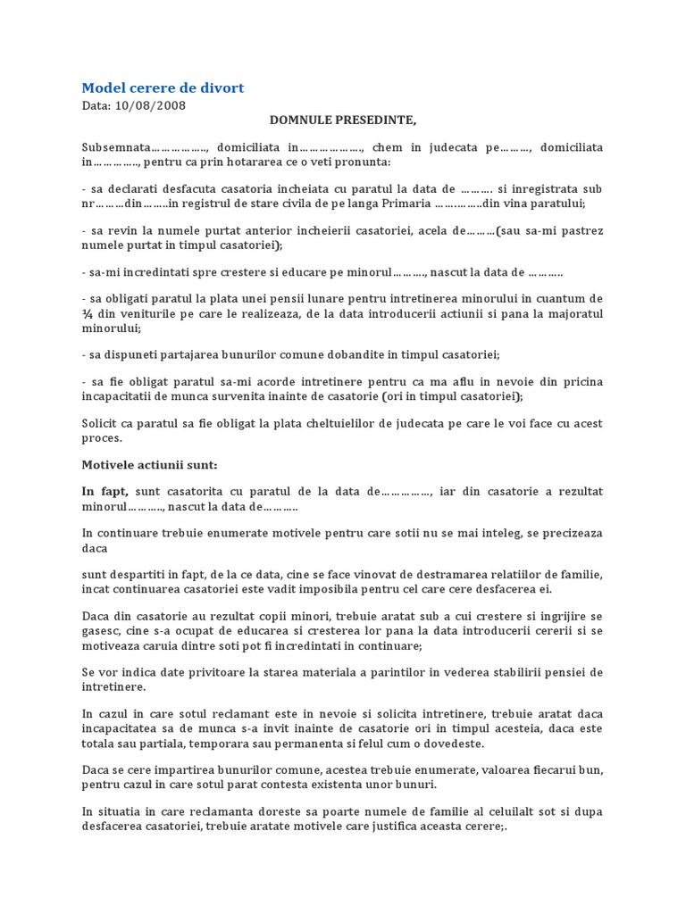 Model Cerere de Divort