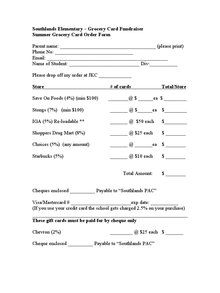 SummerGroceryOrder Form | PDF | Gift Card | Cheque