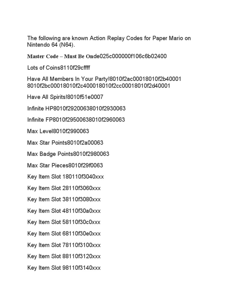 Master Code Must Be Onde025c000000f106c6b02400 Paper Mario Action