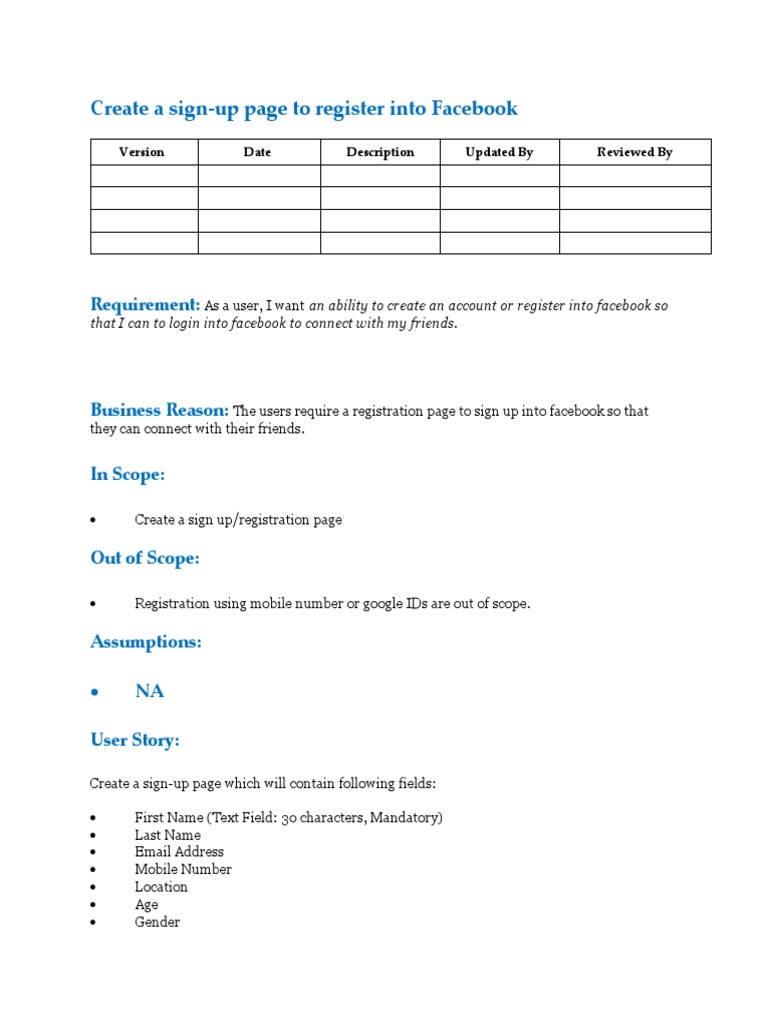 Sample User Story Template - Facebook Registration Page | PDF ...