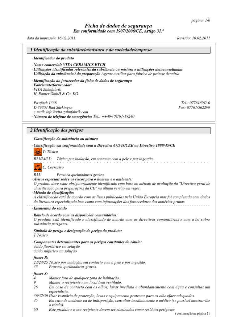 Ficha de Dados de Segurança para VITA CERAMICS ETCH PDF Toxicologia