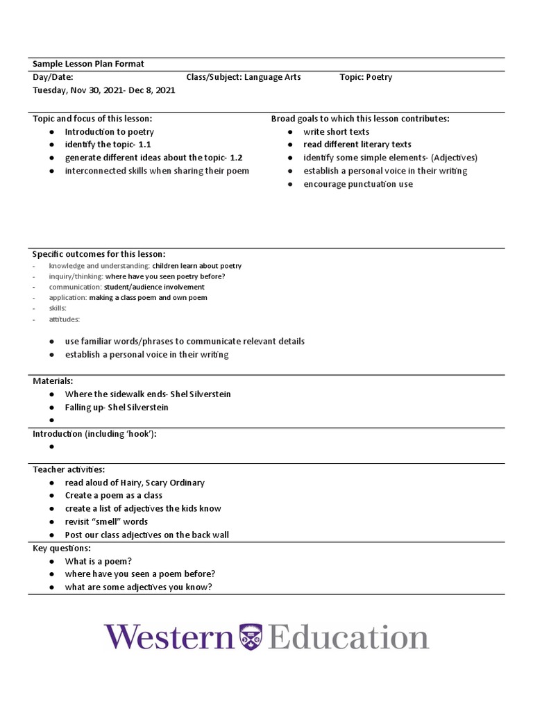 Poetry Lesson Plan for Language Arts | PDF | Language Arts & Discipline ...