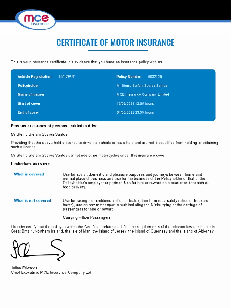 MTA - Certificate of Insurance - 28556611 | PDF | Vehicle Insurance ...