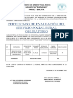 Certificado de servicio social rural en Puesto de Salud Villa Rojas