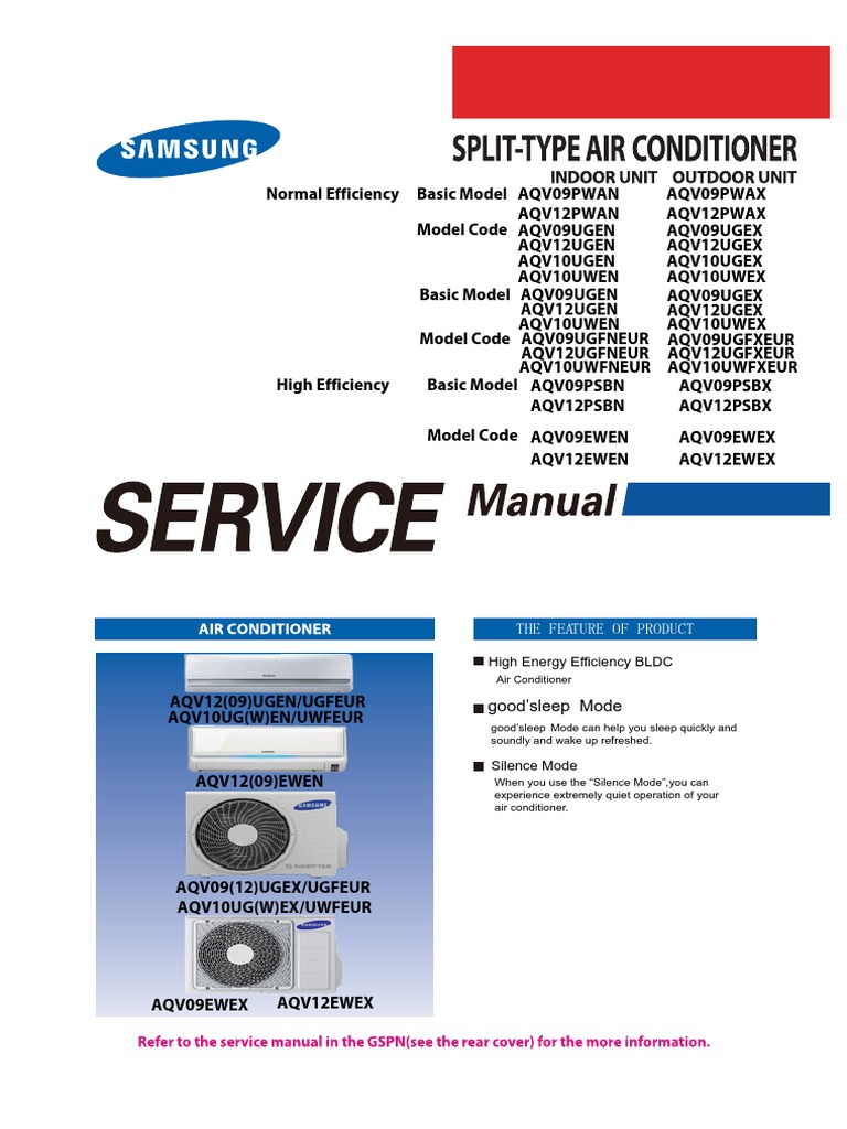 Specifications and operating manual for Samsung air conditioner models
