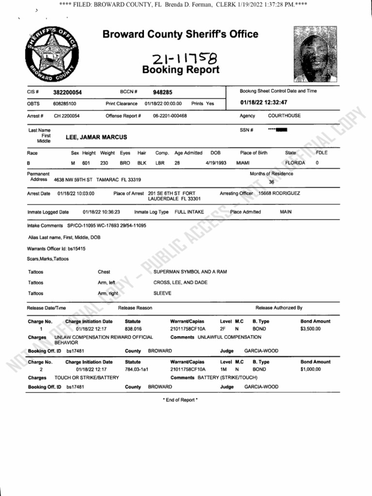 Jamar Marcus Lee Broward County Sheriff's Office Booking Report Dec