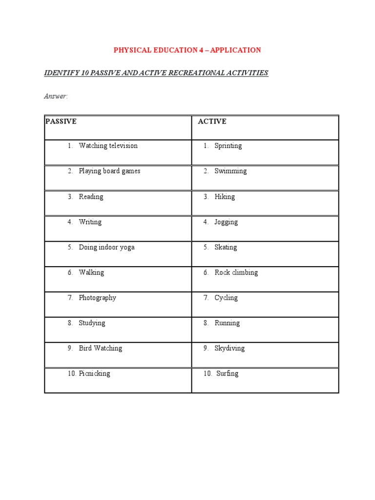 Active and Passive Recreational Activities for Physical Education PDF