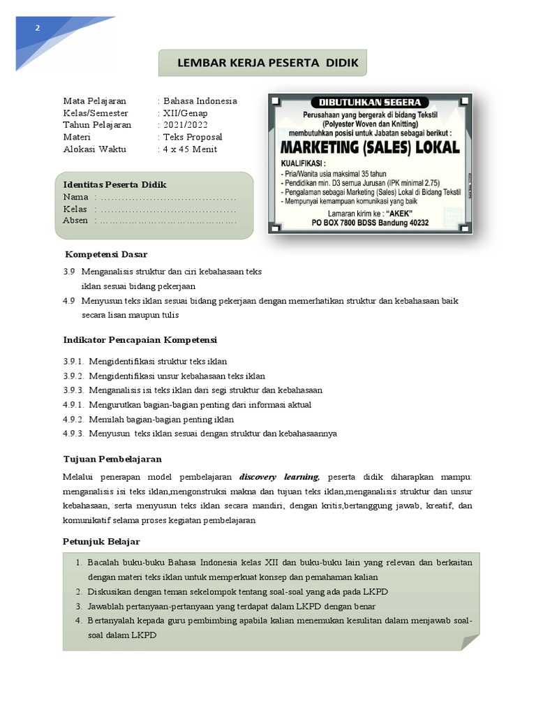 LKPD Penyusunan Teks Iklan Kelas XII | PDF | Komputer