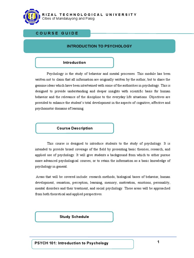 Course Guide Introduction To Psychology: Rizal Technological University ...